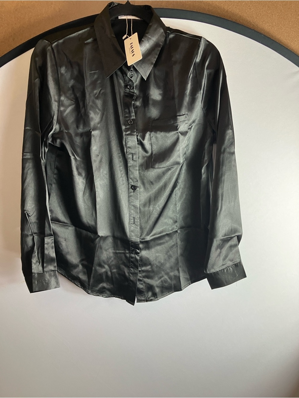Women's Black Satin Button-Front Blouse - Picture 9 of 9